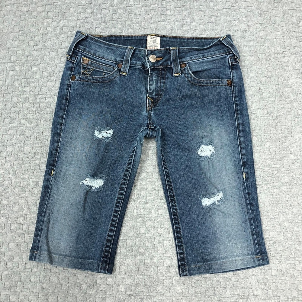 True Religion Shorts Womens 31 Blue Bermuda Distressed Denim Stretch Made In USA